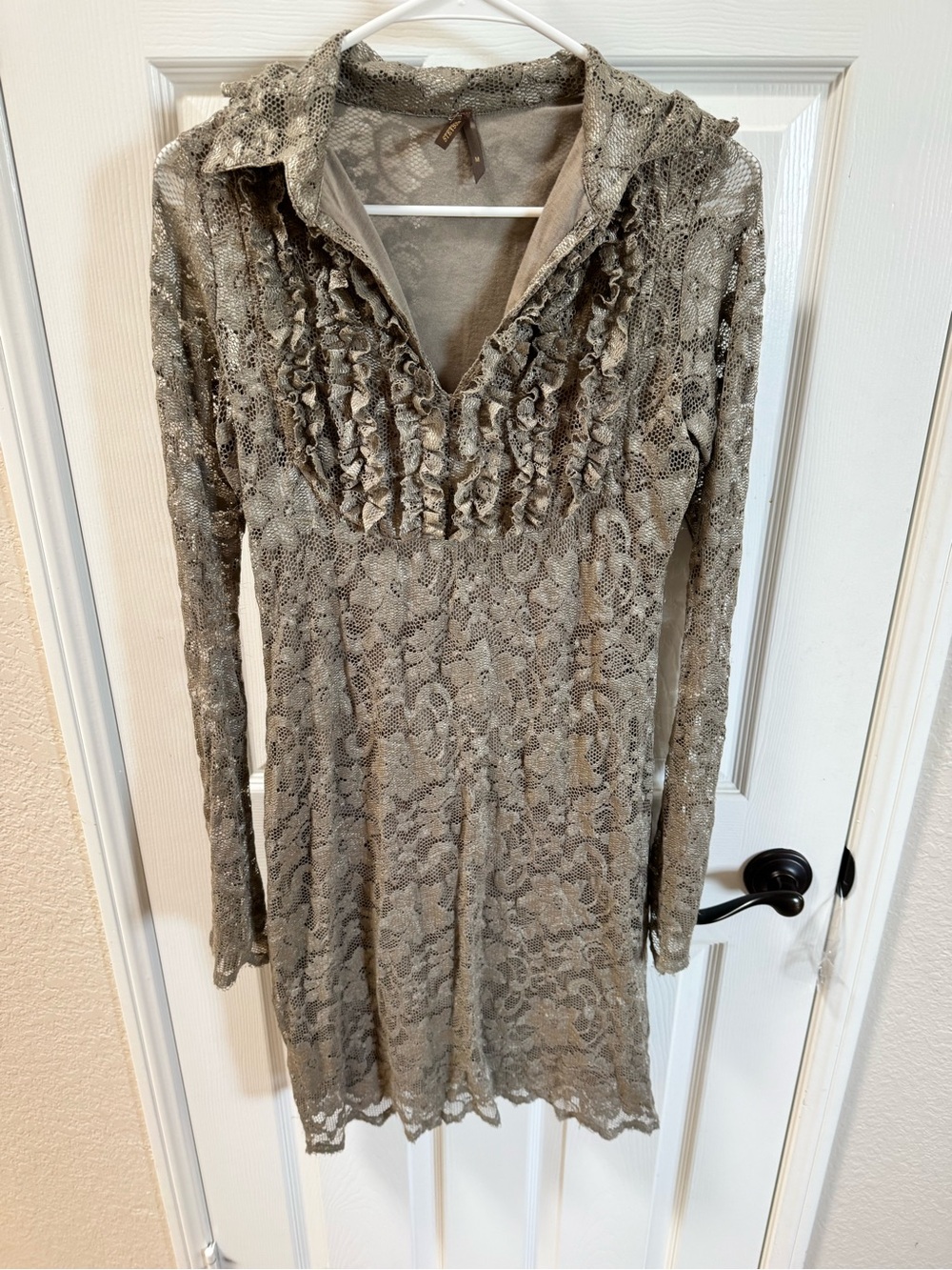 Stetson Taupe Lace Ruffle Long-Sleeve Dress